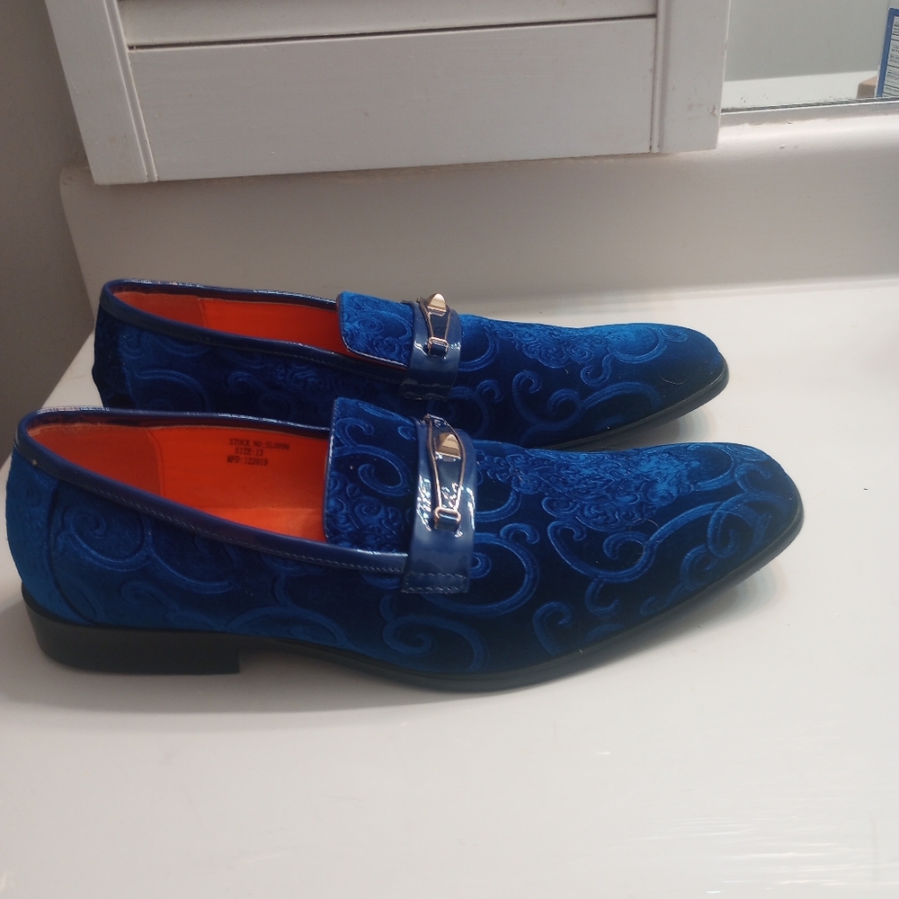 Blue Embossed Velvet Men's Slip-On Loafers - Picture 3 of 9